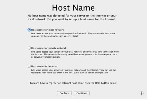 Lion Server installation screen, host name