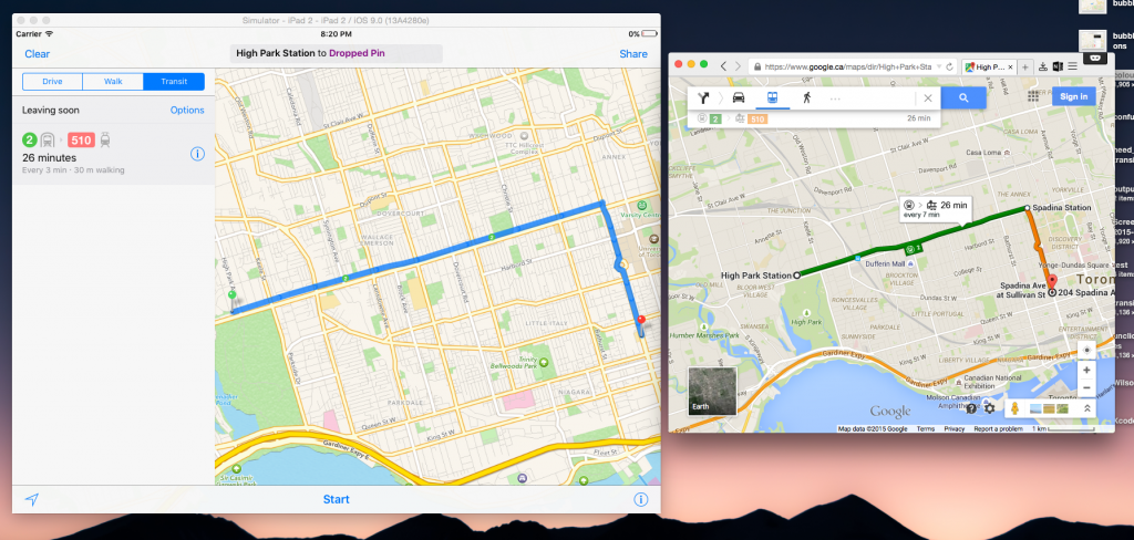 AM on the left, Google Maps on the right.