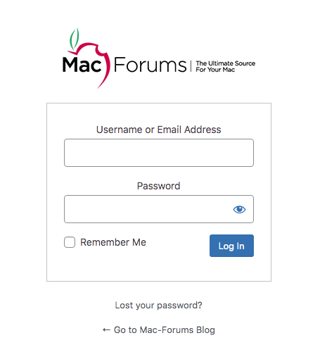 White Mac-Forums Login interface, Mac-Forums logo, with username and password input areas